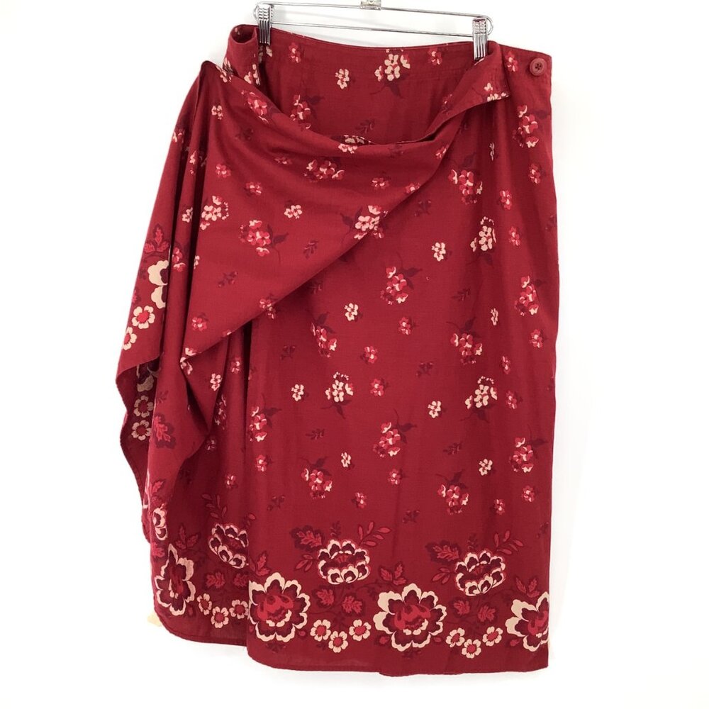 Eddie Bauer Red Floral Wrap Skirt Petite 18 Button Closure 100% Linen Vintage Y2 - Picture 2 of 5
